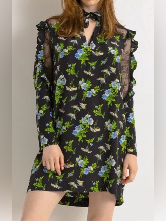 Sandro Dresses & Skirts - SANDRO Silk Lace Inset Black Botanical Floral Mini Shift Victorian Summer Dress